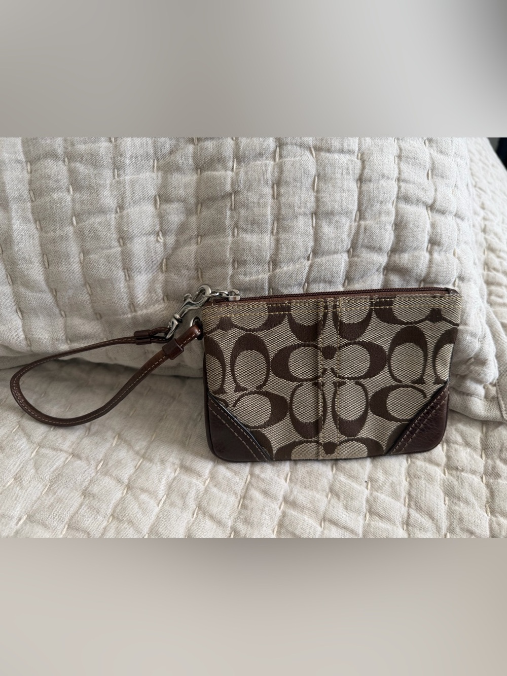 Coach Brown Signature Canvas Wristlet with Leather Trim EUC